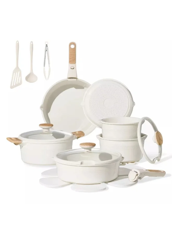 كاروت طقم أواني كاروت 24 قطع سيراميك غير لاصق بمقابض قابلة للفصل، خالٍ من PFAS لطهي صحي، تصميم قابل للتكديس مع فتحات صب، متوافق مع جميع المواقد وآمن لغسالة الصحون (كريمي)